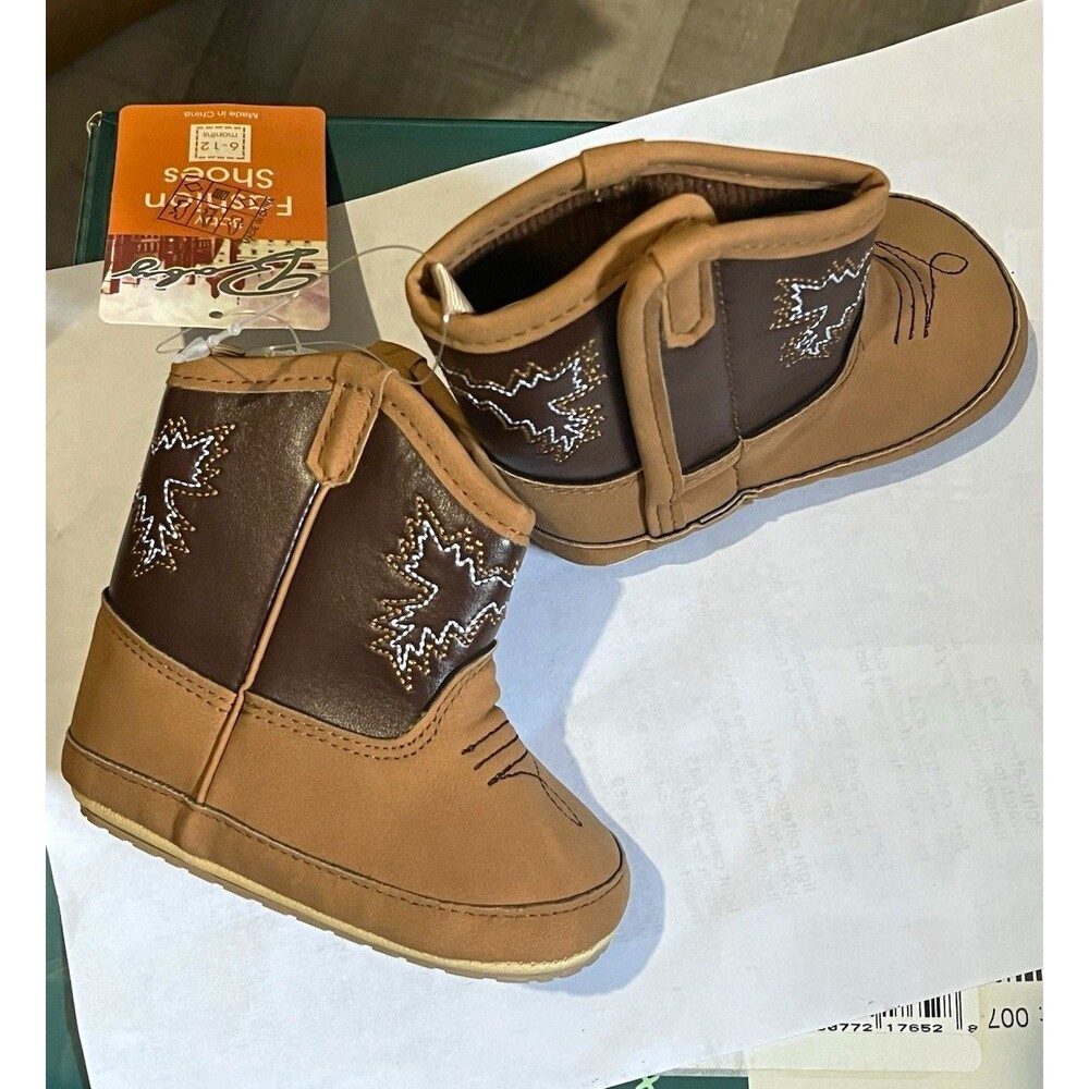 Western Faux Leather Embroidered Slip-On cowboy Bootie Brown/Tan 6-12M